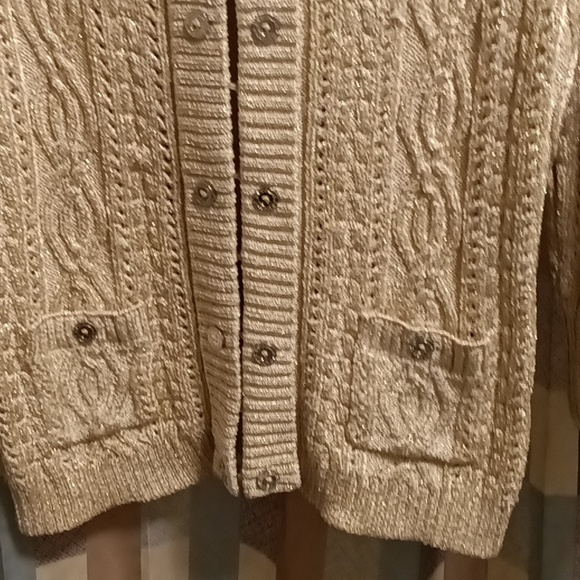 FINAL PRICE WHITE HOUSE BLACK MARKET tan/taupe braided sweater w shimmers Lrg - Picture 13 of 13